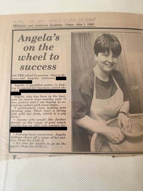 Ange at her pottery wheel in 1992, original newspaper clipping with private lines blacked out